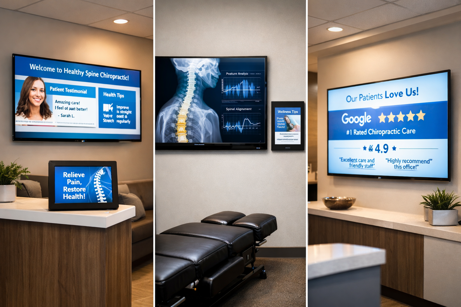 RaveWall running on screens in three real chiropractic offices